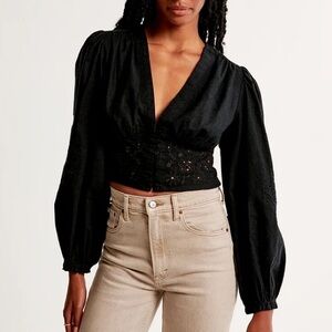 Abercrombie & Fitch Black Puff Sleeve Embroidered Cutwork Plunge Blouse